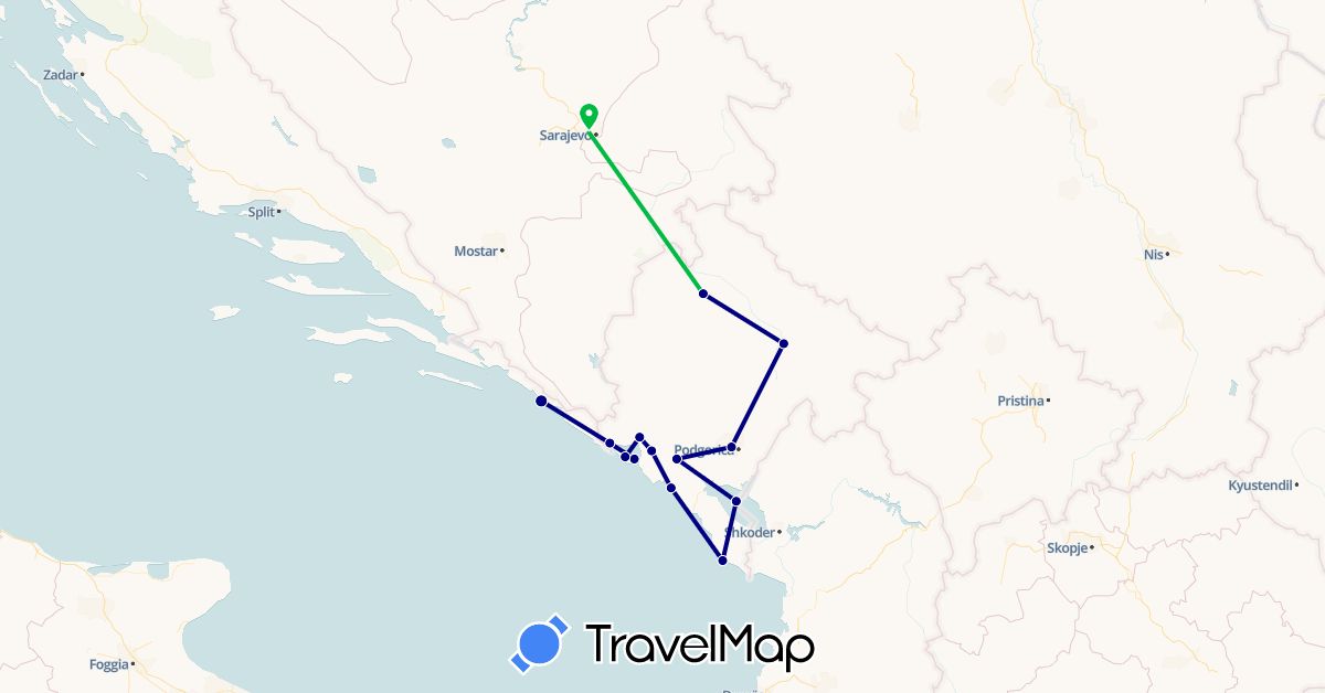 TravelMap itinerary: driving, bus in Bosnia and Herzegovina, Croatia, Montenegro (Europe)